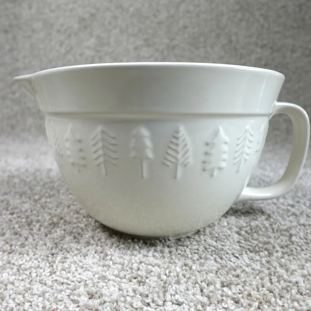 The Bake Shop Cream Ceramic Mixing Bowl Embossed Pine Trees Pour Spout Handle